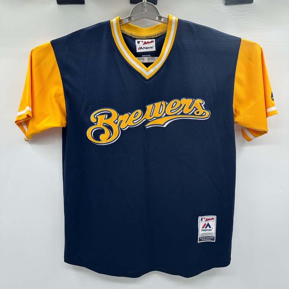 Majestic Milwaukee Brewers Nerd Power 18 Sogard Jersey Navy Gold Mens 44 L
